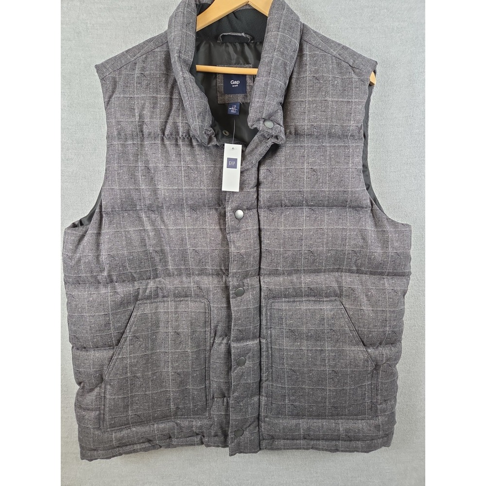 Gap Puffer Vest XL Quilted Charcoal Gray Check Full Zip Lined Insulated NEW